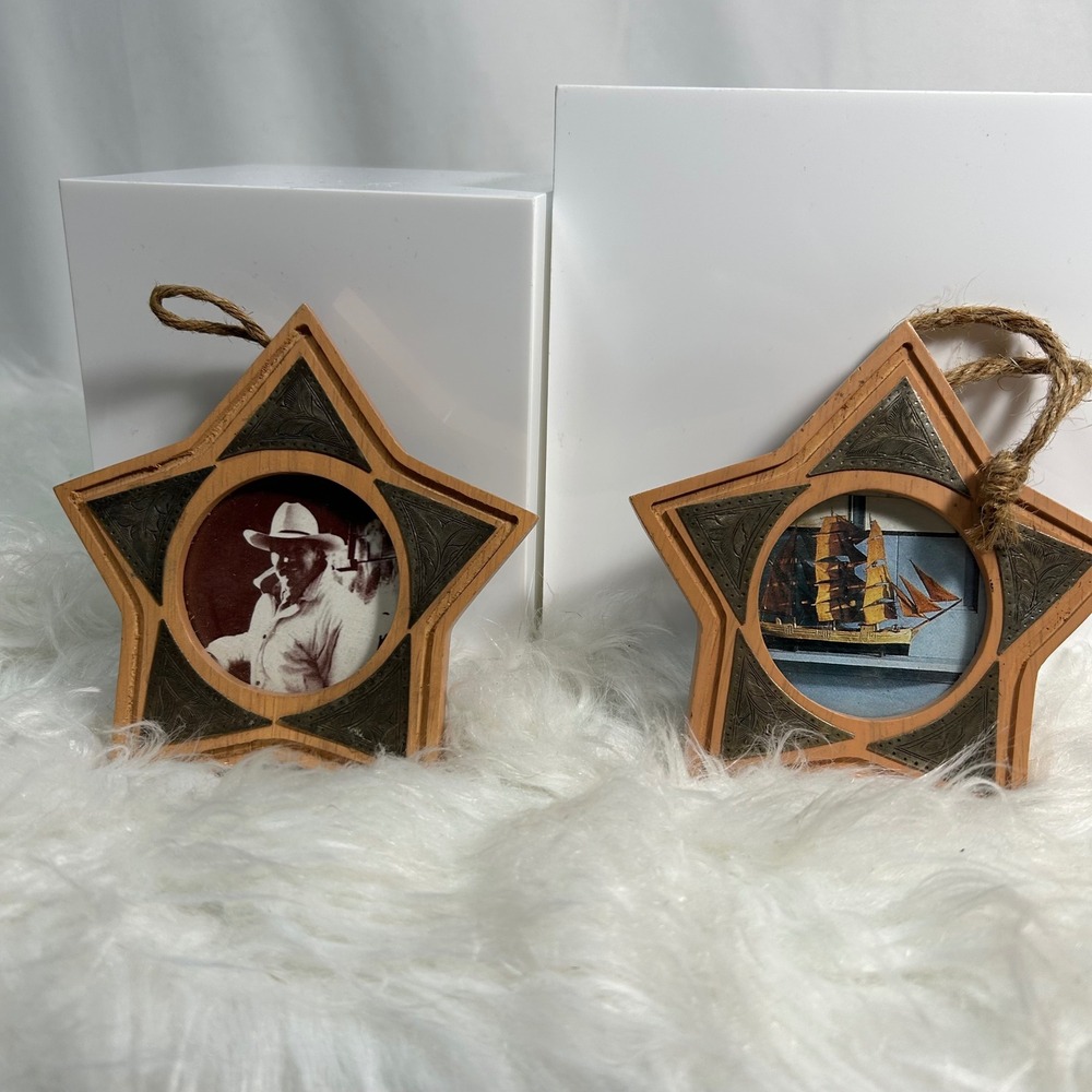 Set of 2 Star Photo Ornaments Nautical Man Cowboy Vintage Style Decor‎